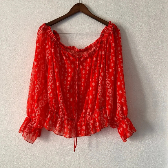 Off The Shoulder Long Sleeve Casual Summer Printed Tunic Shirt Blouse Top Red XL - Picture 2 of 11